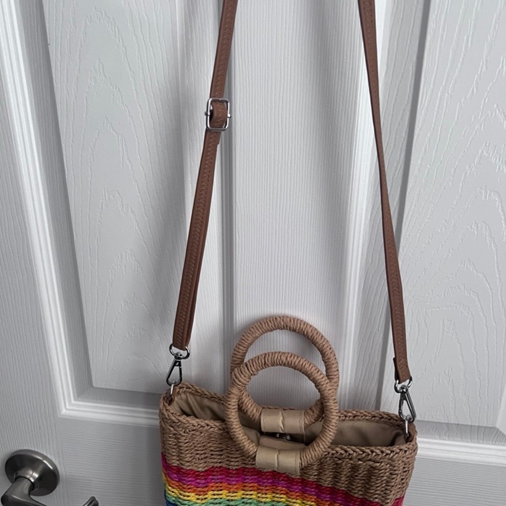 Straw Woven‎ Tote Bag Rainbow Stripe Top Handle Crossbody Purse - Picture 14 of 14